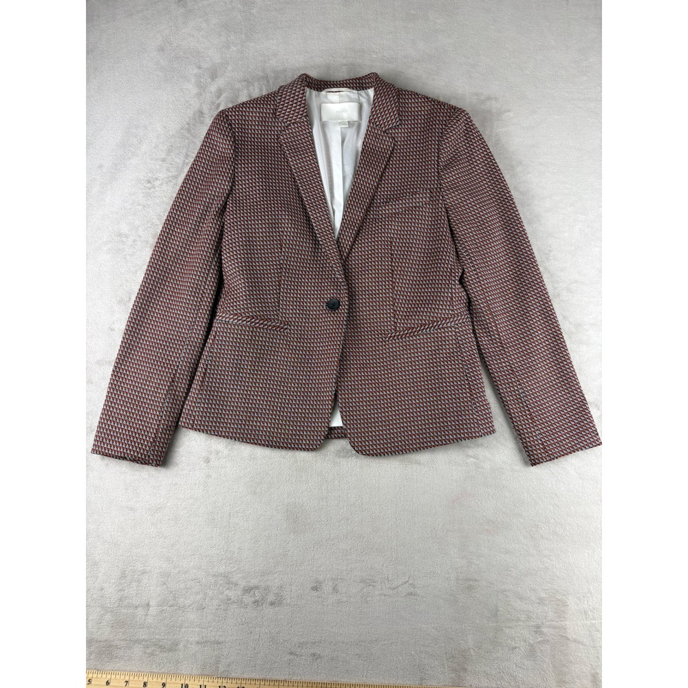 BOSS Hugo Boss Womens Red Blue Geometric Single Button Blazer Jacket Size 4